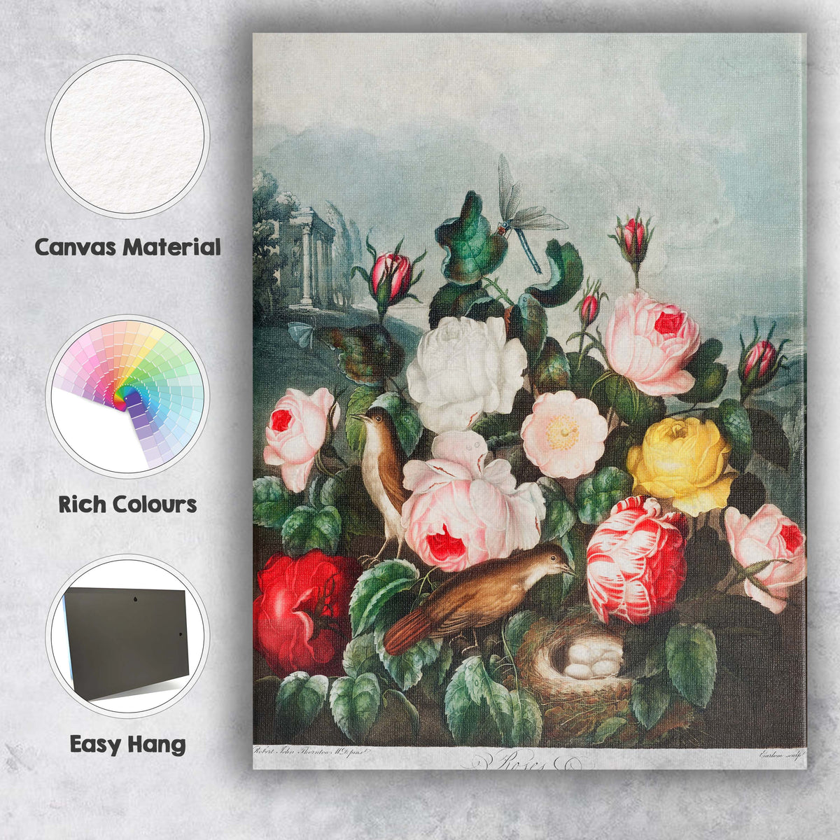 Romantic Rose Garden Birds Nest Botanical Illustration Canvas Wall Art Print Decor Picture Ready to Hang