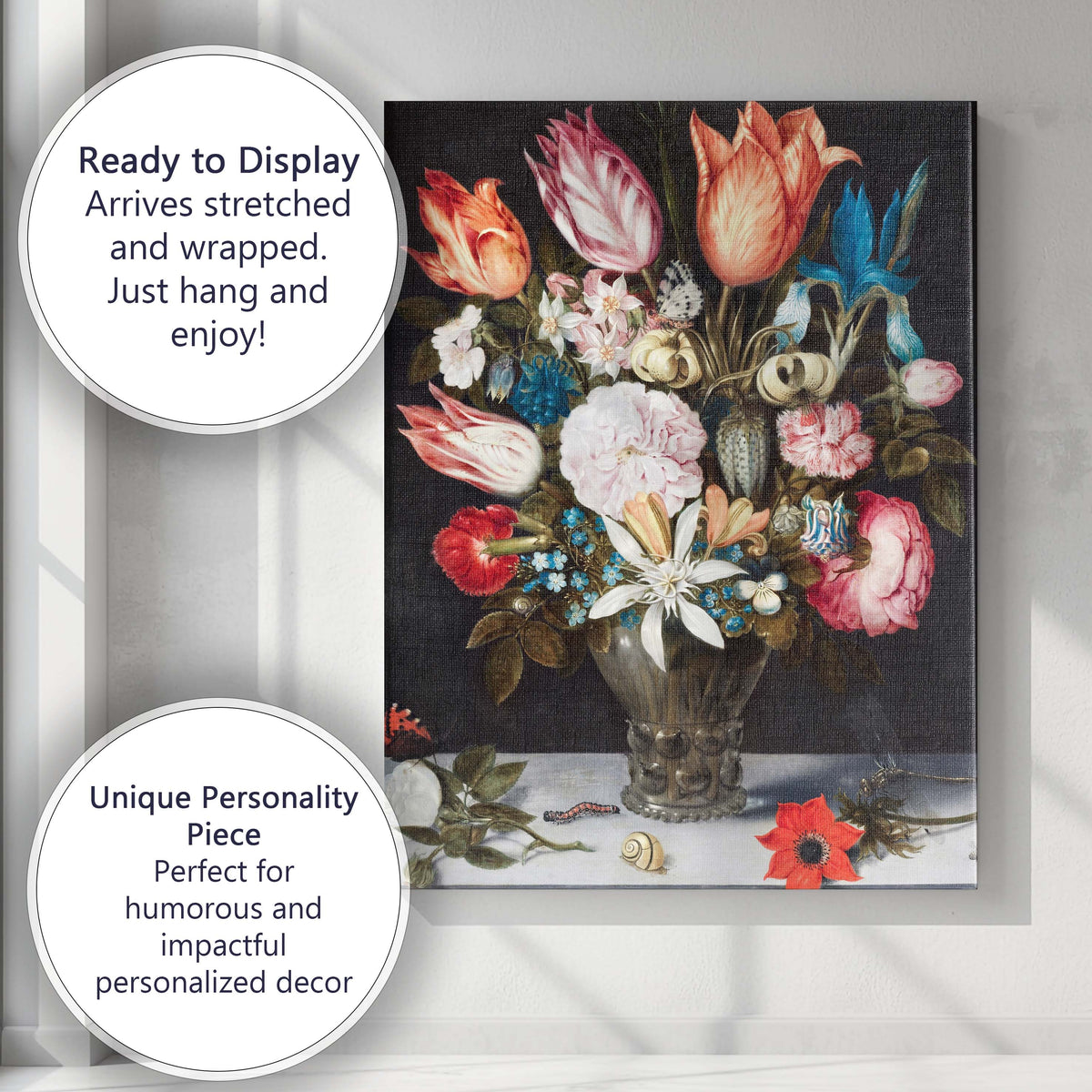 Dutch Golden Age Floral Bouquet Still Life With Tulips Butterflies And Shells Canvas Wall Art Print Decor Picture Ready to Hang