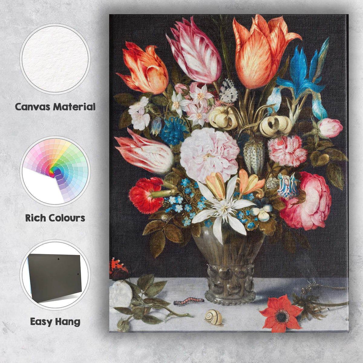 Dutch Golden Age Floral Bouquet Still Life With Tulips Butterflies And Shells Canvas Wall Art Print Decor Picture Ready to Hang