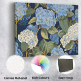 Blue and White Hydrangea Floral Pattern Navy Background Canvas Wall Art Print Decor Picture Ready to Hang