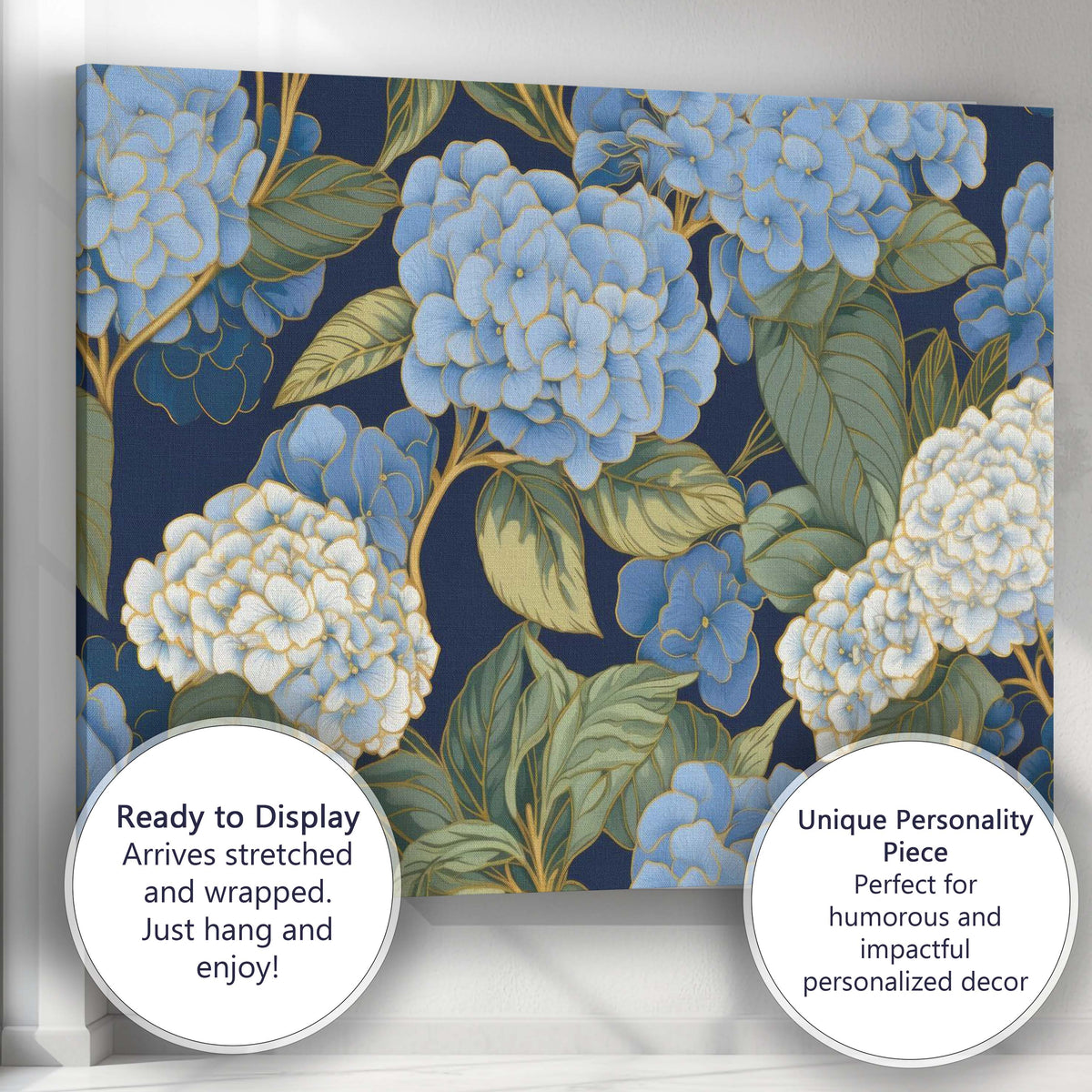 Blue and White Hydrangea Floral Pattern Navy Background Canvas Wall Art Print Decor Picture Ready to Hang