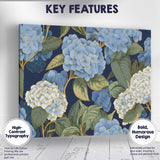 Blue and White Hydrangea Floral Pattern Navy Background Canvas Wall Art Print Decor Picture Ready to Hang