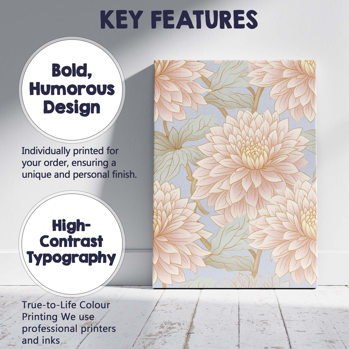 Pastel Dahlia Bloom Floral Repeat Pattern Light Blue Background Canvas Wall Art Print Decor Picture Ready to Hang