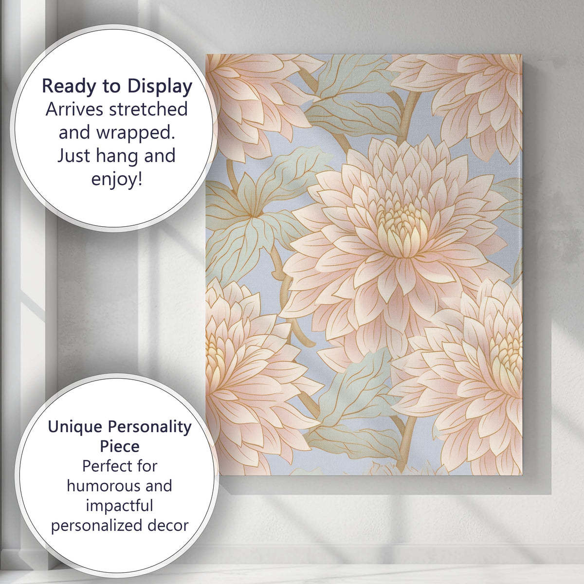 Pastel Dahlia Bloom Floral Repeat Pattern Light Blue Background Canvas Wall Art Print Decor Picture Ready to Hang