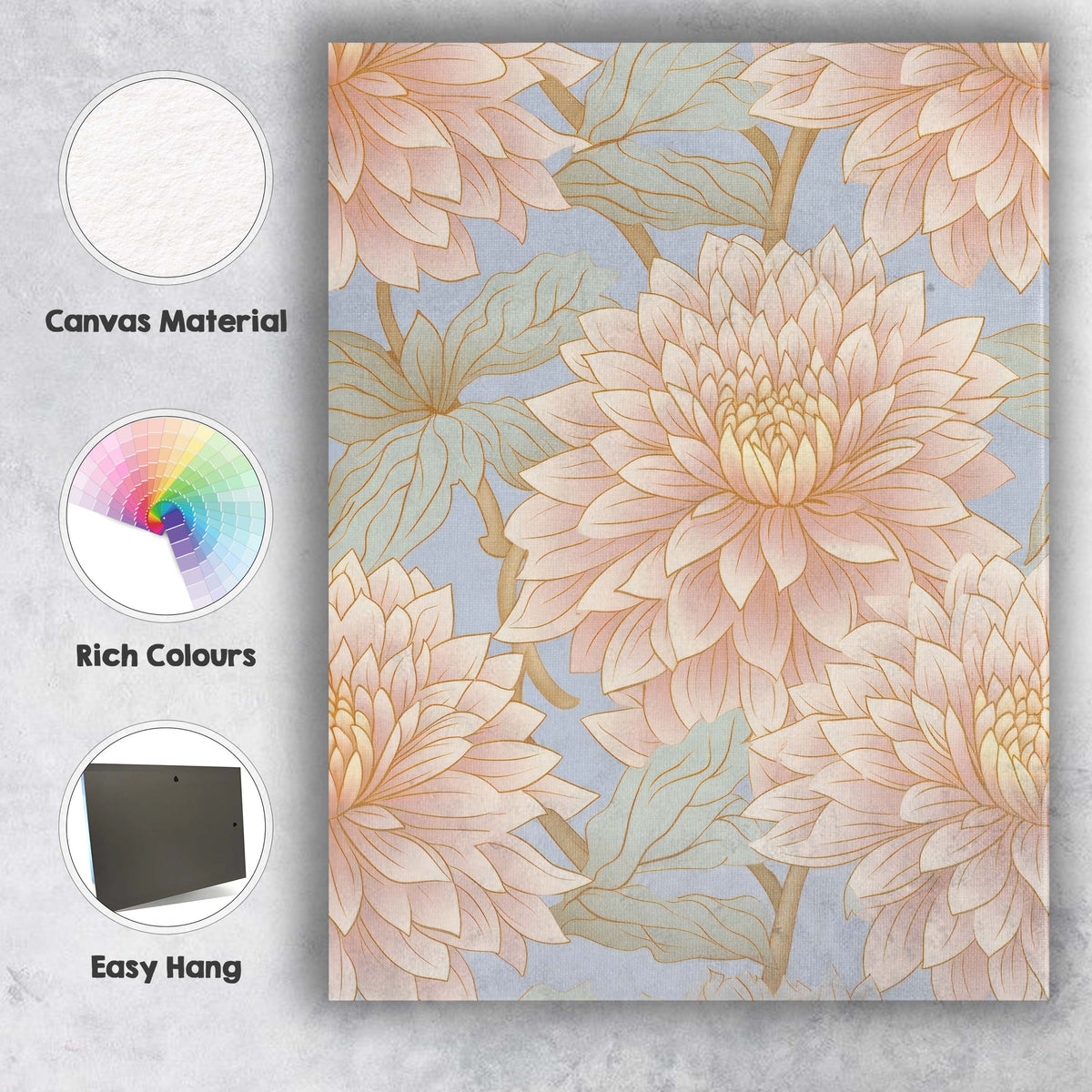 Pastel Dahlia Bloom Floral Repeat Pattern Light Blue Background Canvas Wall Art Print Decor Picture Ready to Hang