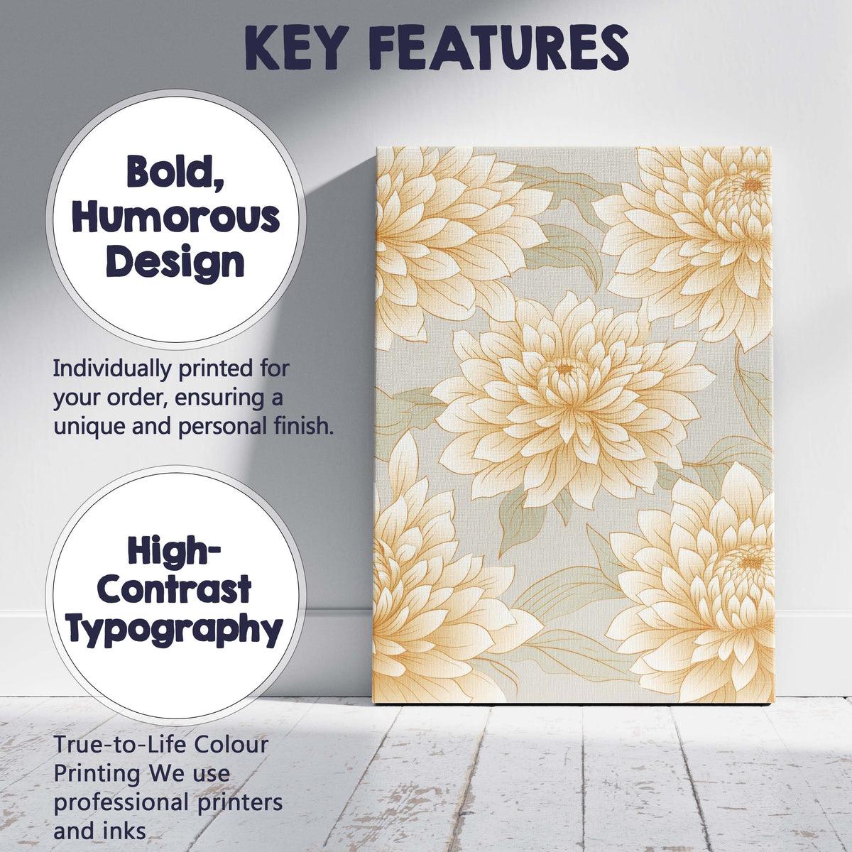 Neutral Beige Dahlia Floral Line Art Pattern Canvas Wall Art Print Decor Picture Ready to Hang