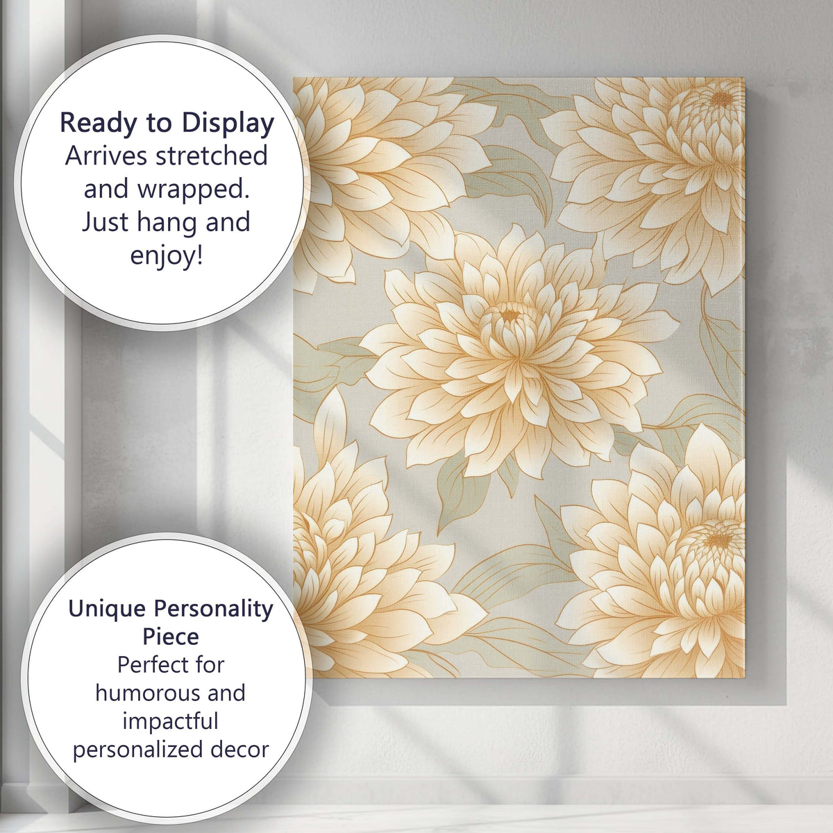 Neutral Beige Dahlia Floral Line Art Pattern Canvas Wall Art Print Decor Picture Ready to Hang