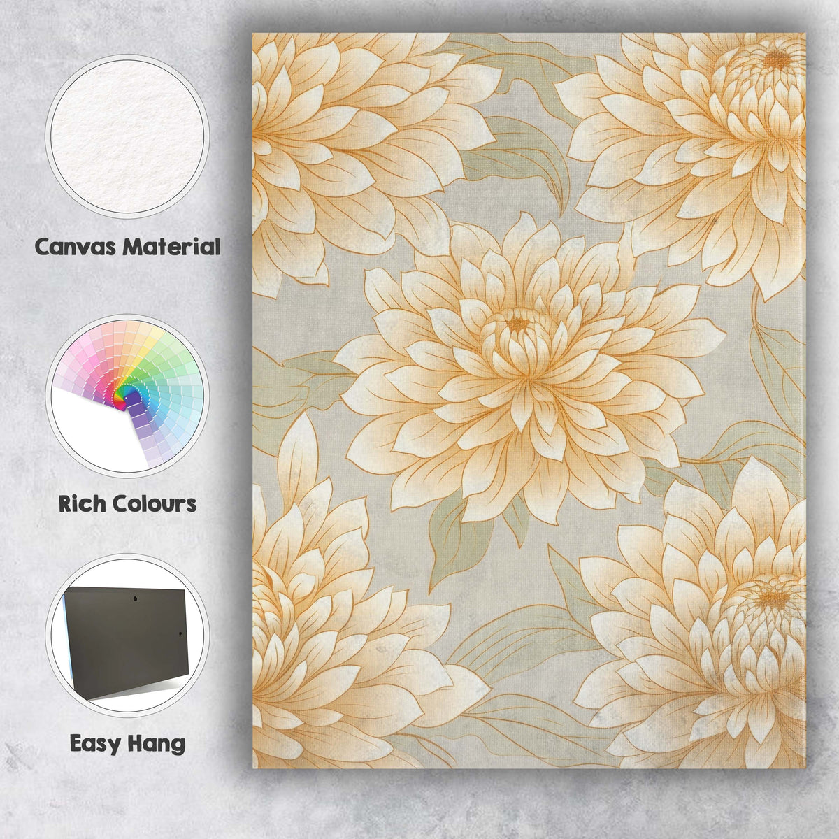 Neutral Beige Dahlia Floral Line Art Pattern Canvas Wall Art Print Decor Picture Ready to Hang
