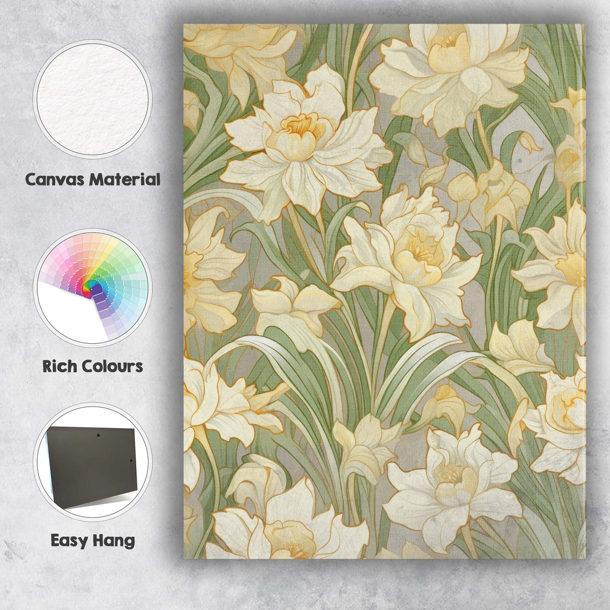 Cream Daffodil Botanical Floral Repeat Pattern Canvas Wall Art Print Decor Picture Ready to Hang