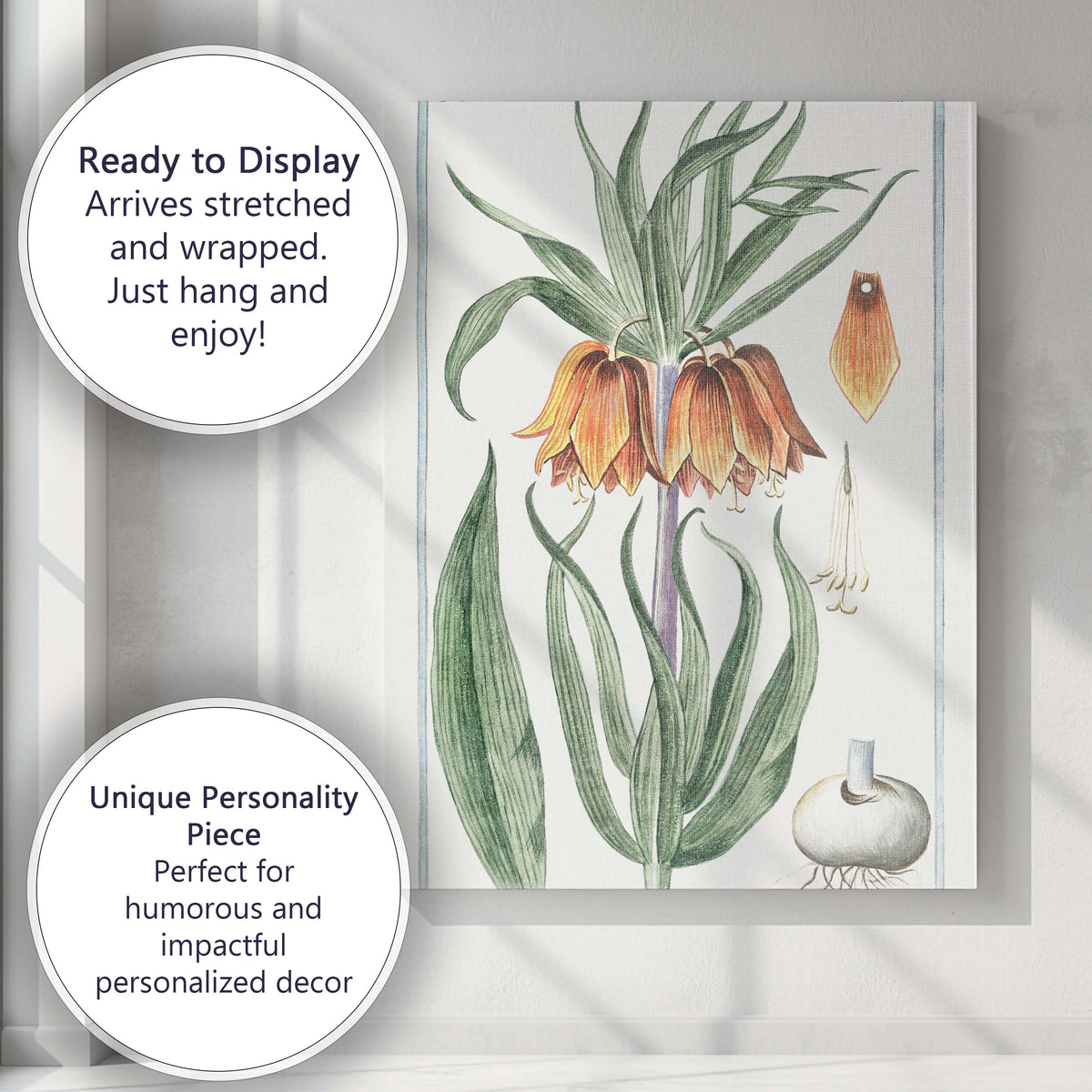 Antique Crown Imperial Orange Bell Flower Botanical Illustration Canvas Wall Art Print Decor Picture Ready to Hang