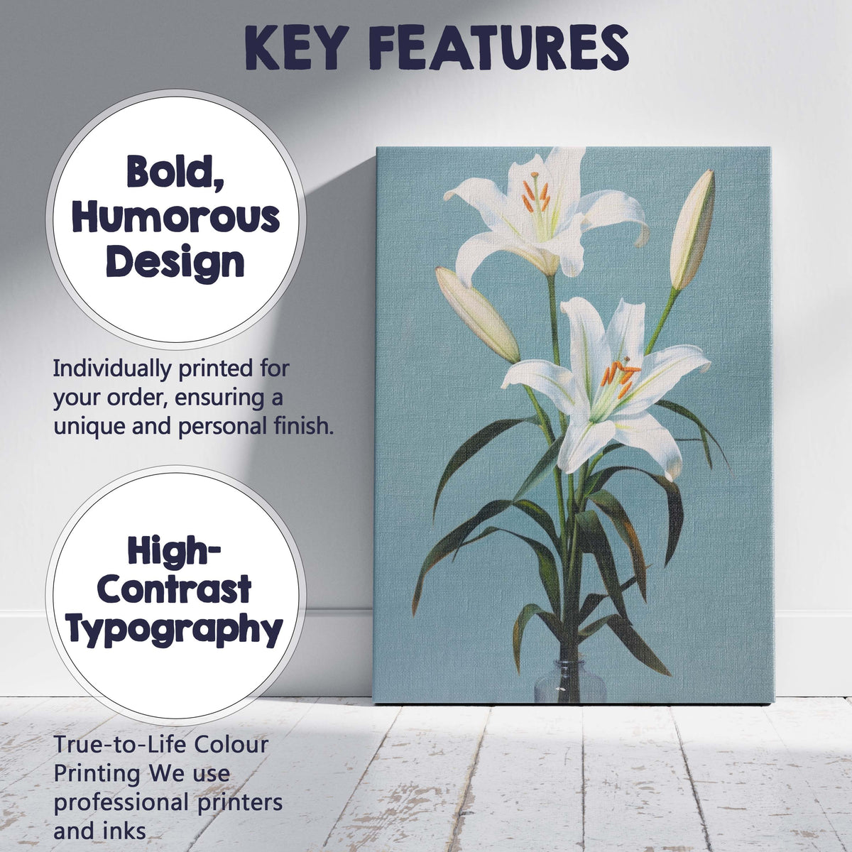 Elegant White Lily Floral Still Life In Glass Vase Canvas Wall Art Print Decor Picture Ready to Hang