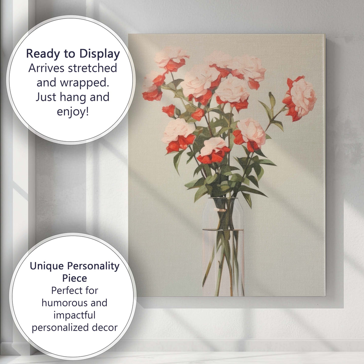 Soft Blush Carnation Bouquet in Glass Vase Elegant Floral Still Life Canvas Wall Art Print Decor Picture Ready to Hang