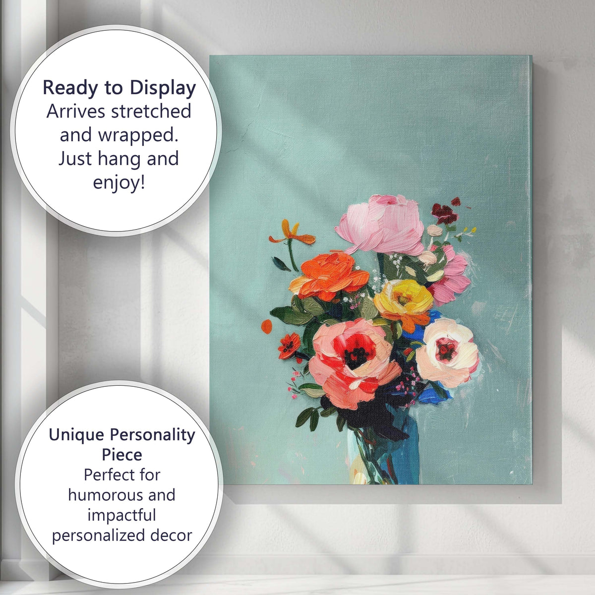 Vibrant Wildflower Bouquet in Blue Glass Vase Expressive Floral Painting Canvas Wall Art Print Decor Picture Ready to Hang