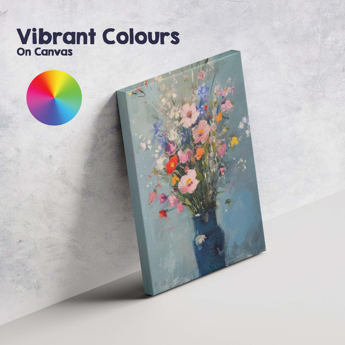 Colourful Wildflower Bouquet In Deep Blue Vase Contemporary Floral Painting Canvas Wall Art Print Decor Picture Ready to Hang
