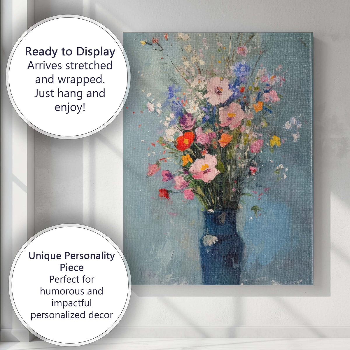 Colourful Wildflower Bouquet In Deep Blue Vase Contemporary Floral Painting Canvas Wall Art Print Decor Picture Ready to Hang