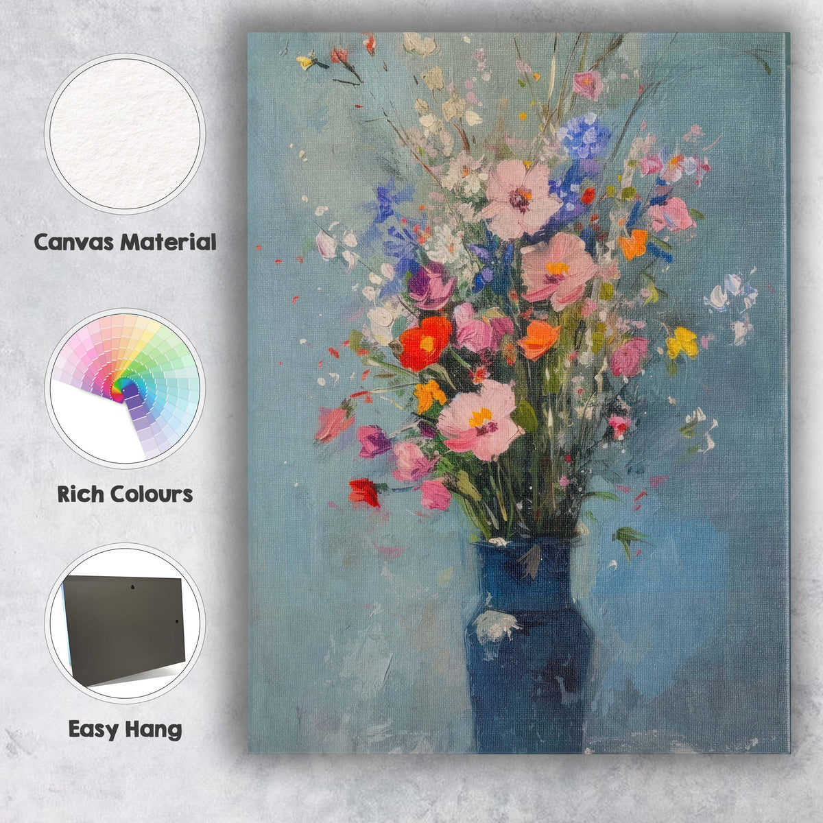Colourful Wildflower Bouquet In Deep Blue Vase Contemporary Floral Painting Canvas Wall Art Print Decor Picture Ready to Hang