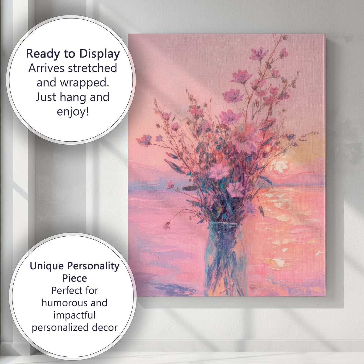 Dreamy Pink Wildflower Arrangement Impressionist Floral Vase Canvas Wall Art Print Decor Picture Ready to Hang