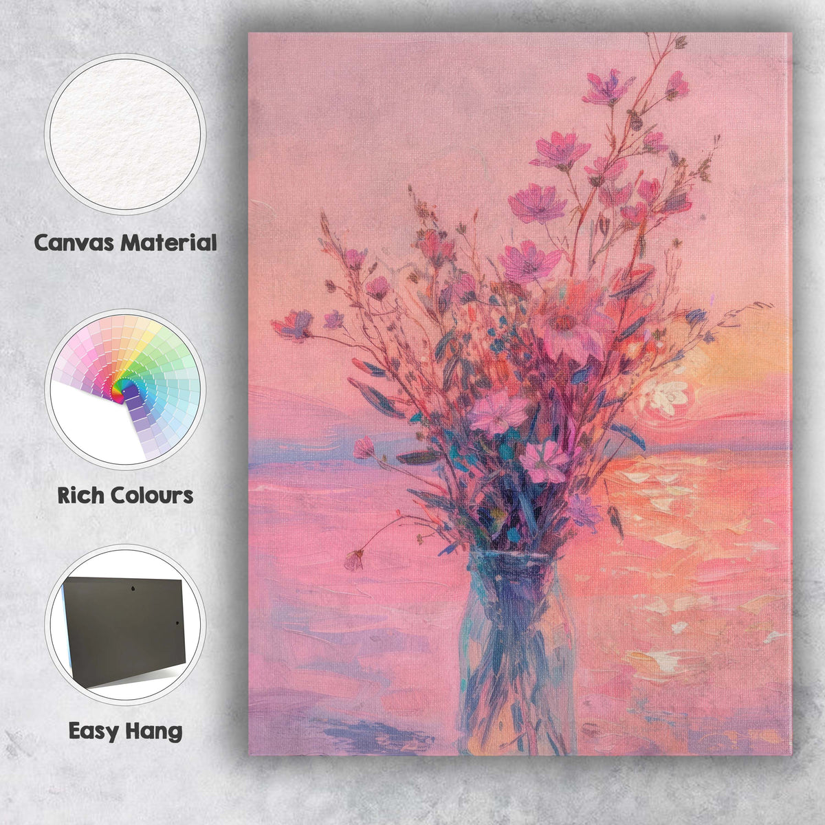 Dreamy Pink Wildflower Arrangement Impressionist Floral Vase Canvas Wall Art Print Decor Picture Ready to Hang