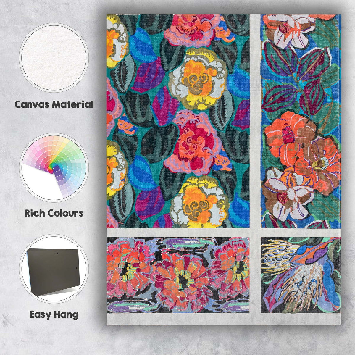 Art Deco Garden Bloom Pattern Vibrant Floral Decorative Illustration Canvas Wall Art Print Decor Picture Ready to Hang