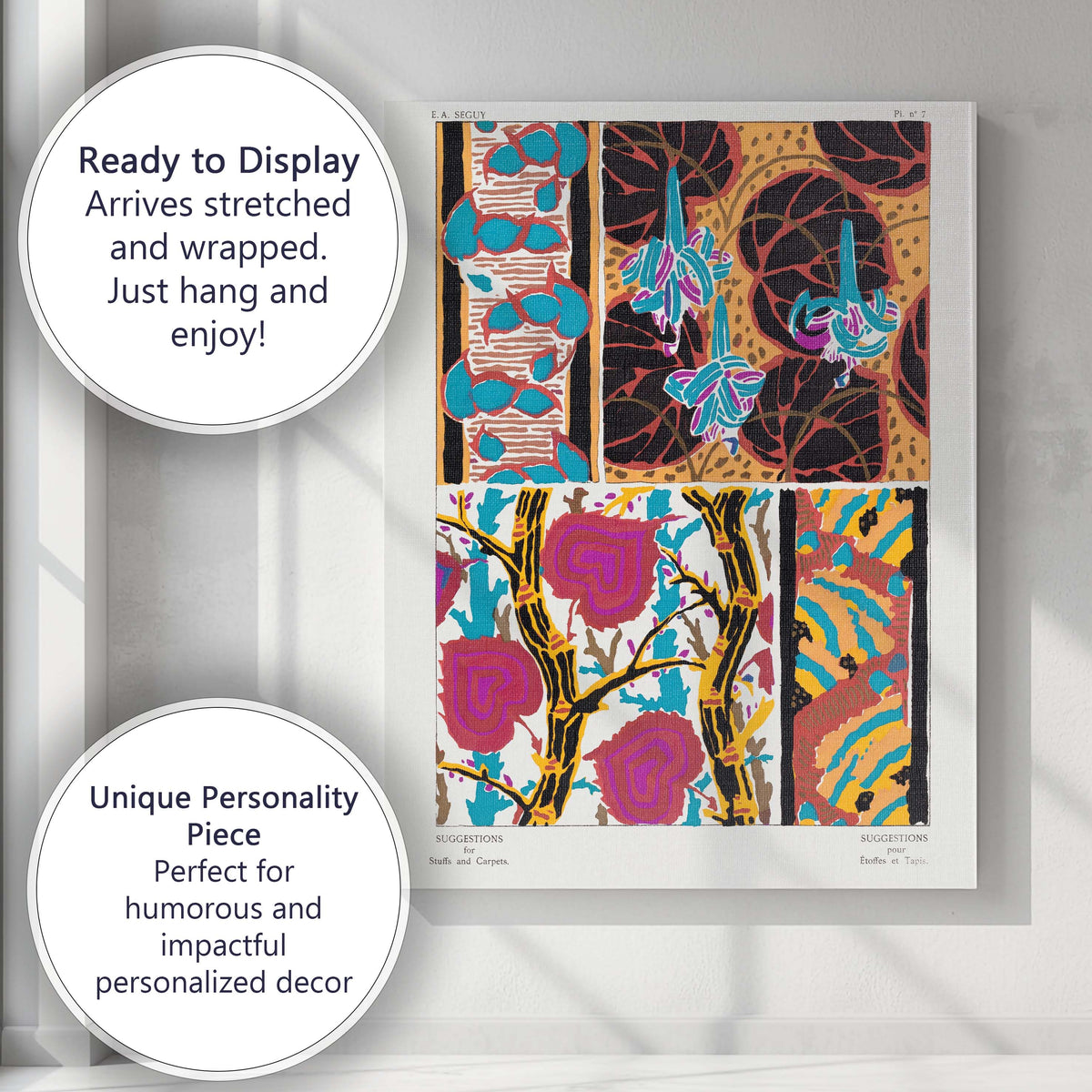 Art Deco Exotic Floral Textile Design Retro Decorative Pattern Canvas Wall Art Print Decor Picture Ready to Hang