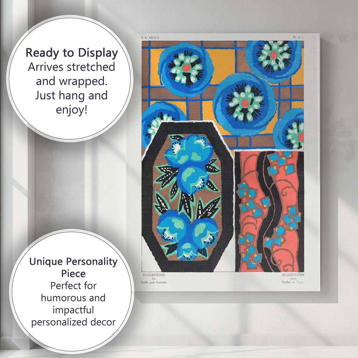 Art Deco Geometric Floral Medallion Pattern in Blue and Gold Canvas Wall Art Print Decor Picture Ready to Hang
