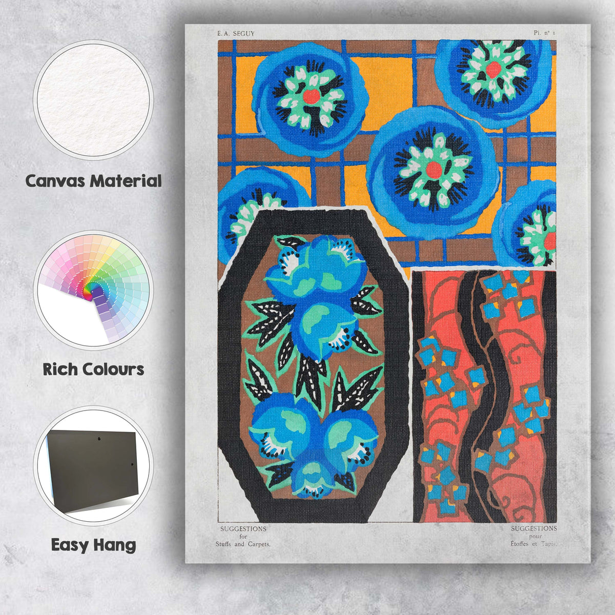 Art Deco Geometric Floral Medallion Pattern in Blue and Gold Canvas Wall Art Print Decor Picture Ready to Hang