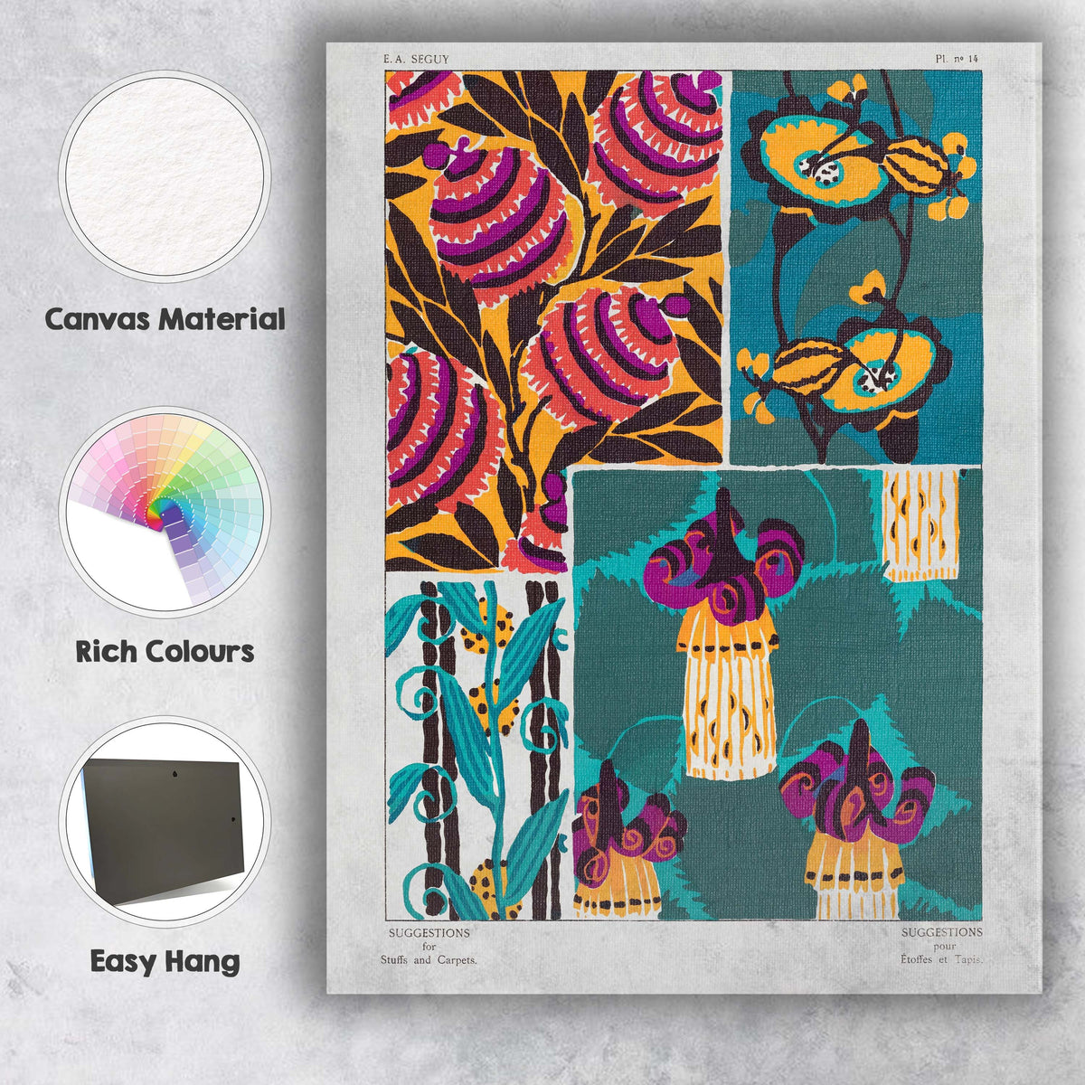 Bold Art Deco Floral Pattern Design in Teal Gold and Purple Canvas Wall Art Print Decor Picture Ready to Hang