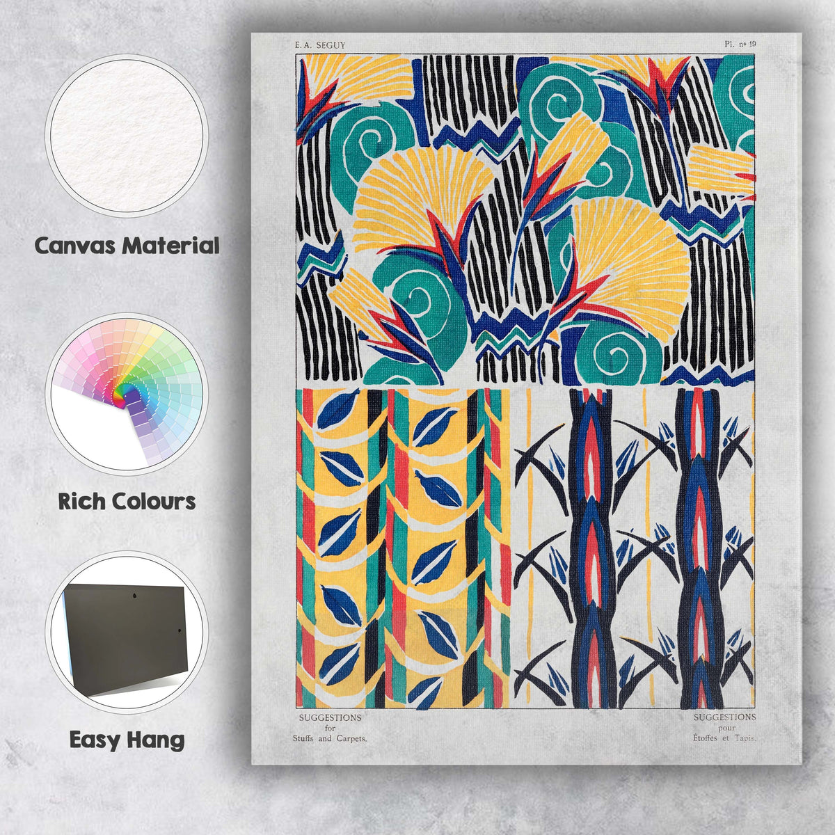 Art Deco Tropical Fan Leaf and Abstract Floral Pattern Canvas Wall Art Print Decor Picture Ready to Hang
