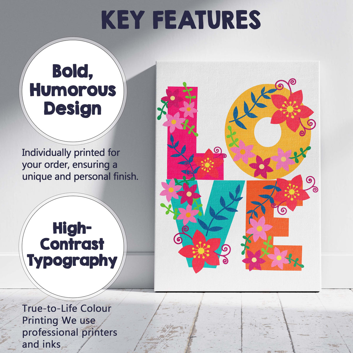 Colourful Floral Typography Love Lettering Design Canvas Wall Art Print Decor Picture Ready to Hang