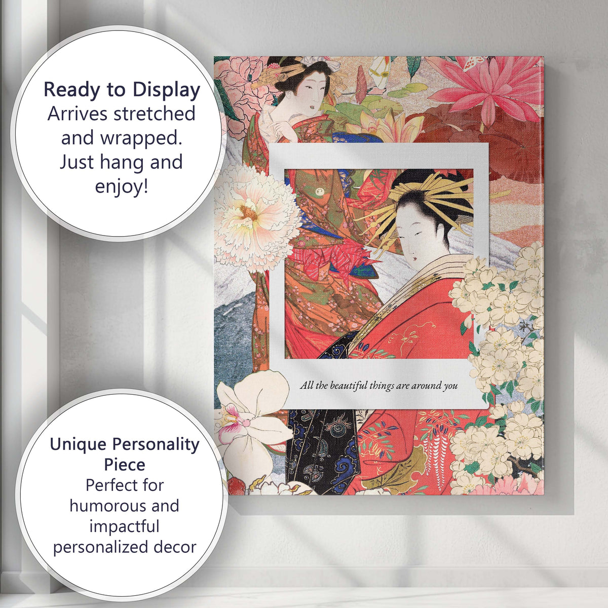 Japanese Geisha Floral Collage Pink Peony Butterfly Oriental Canvas Wall Art Print Decor Picture Ready to Hang