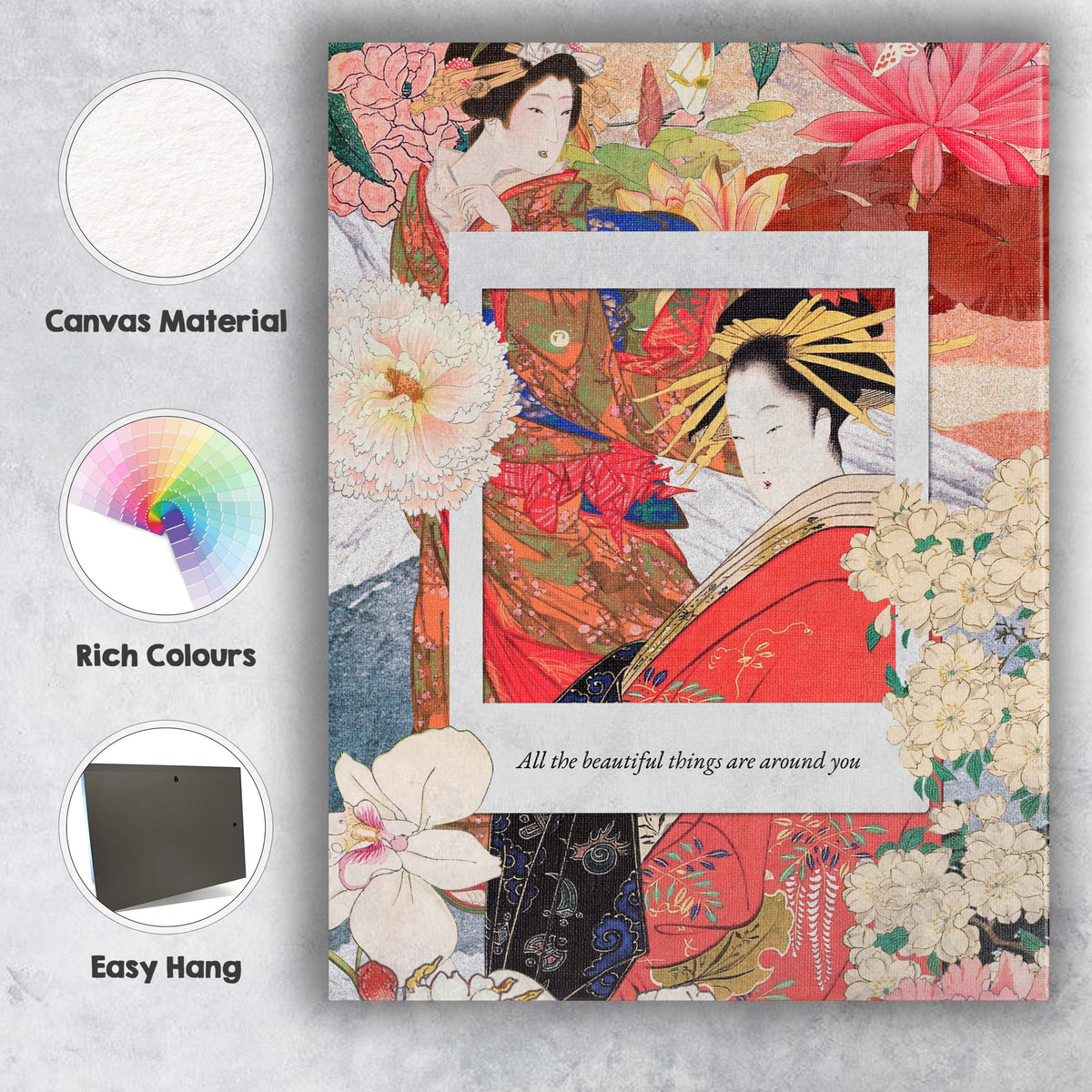 Japanese Geisha Floral Collage Pink Peony Butterfly Oriental Canvas Wall Art Print Decor Picture Ready to Hang