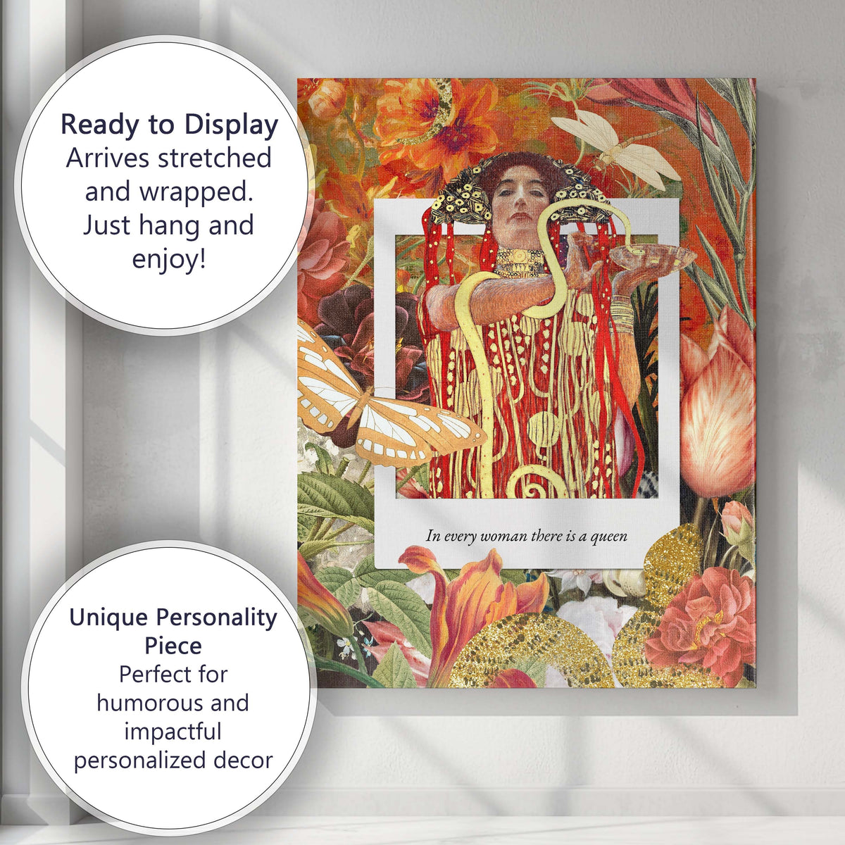 Art Nouveau Floral Woman and Golden Serpent Collage Canvas Wall Art Print Decor Picture Ready to Hang