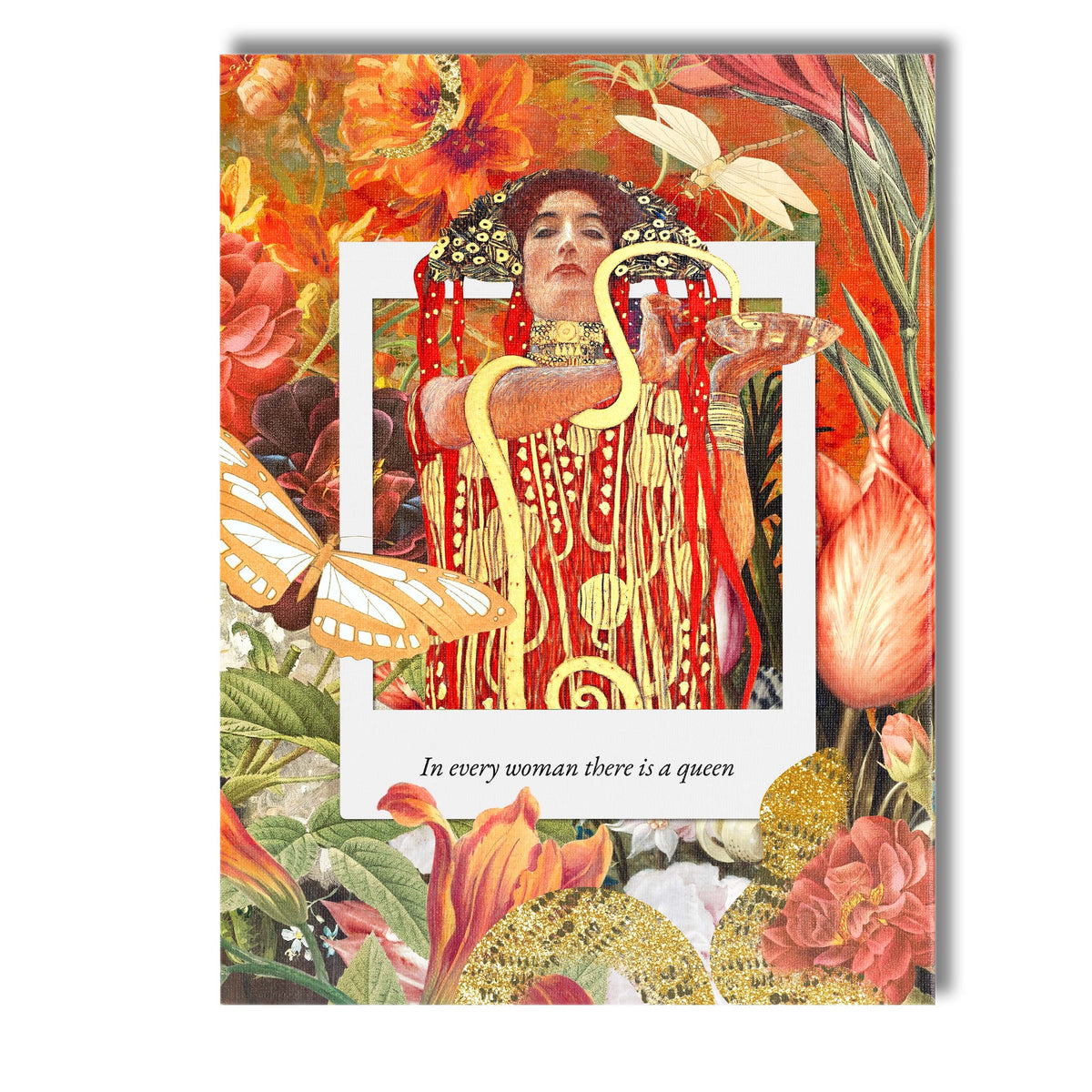 Art Nouveau Floral Woman and Golden Serpent Collage Canvas Wall Art Print Decor Picture Ready to Hang