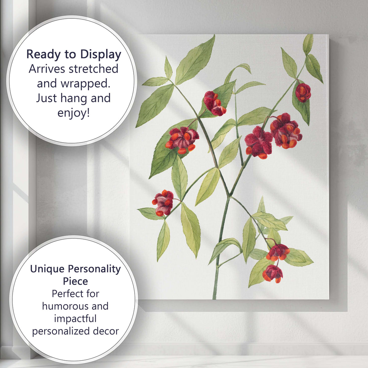 Red Orange Spindle Berry Botanical Watercolour Illustration Canvas Wall Art Print Decor Picture Ready to Hang