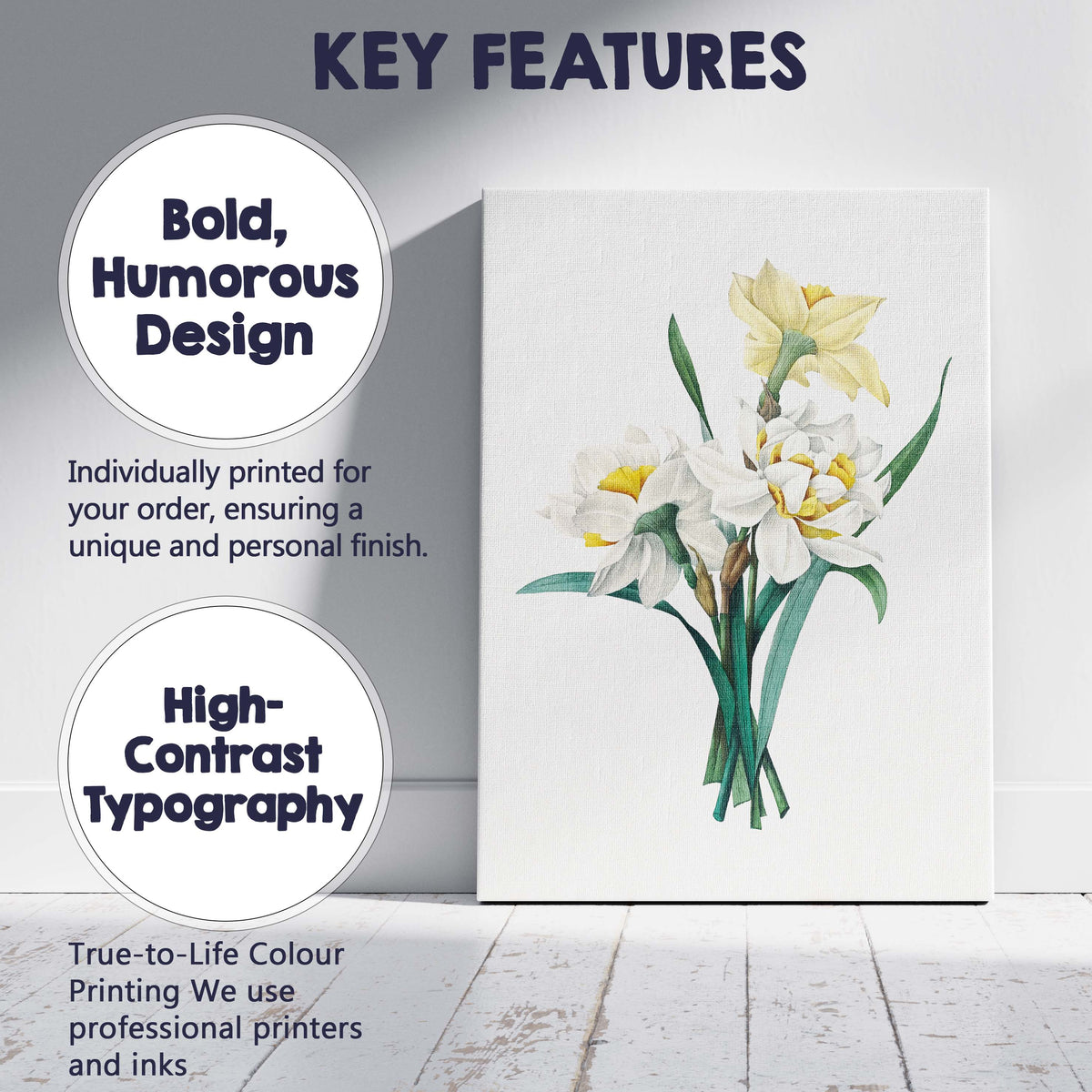 White and Yellow Daffodil Botanical Spring Flower Illustration Canvas Wall Art Print Decor Picture Ready to Hang