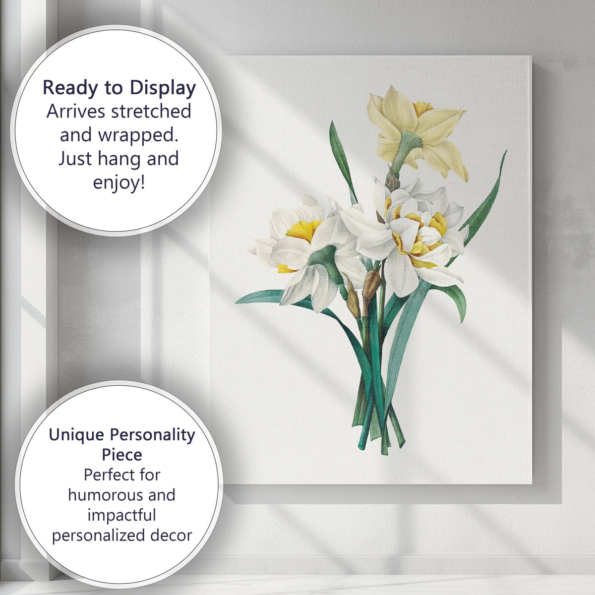 White and Yellow Daffodil Botanical Spring Flower Illustration Canvas Wall Art Print Decor Picture Ready to Hang