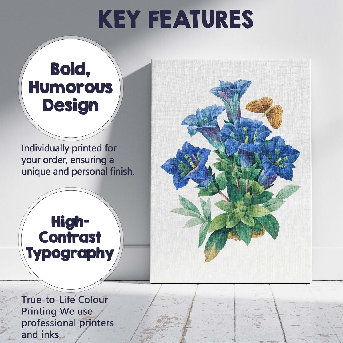 Blue Gentian Wildflower Botanical Illustration with Butterfly Canvas Wall Art Print Decor Picture Ready to Hang