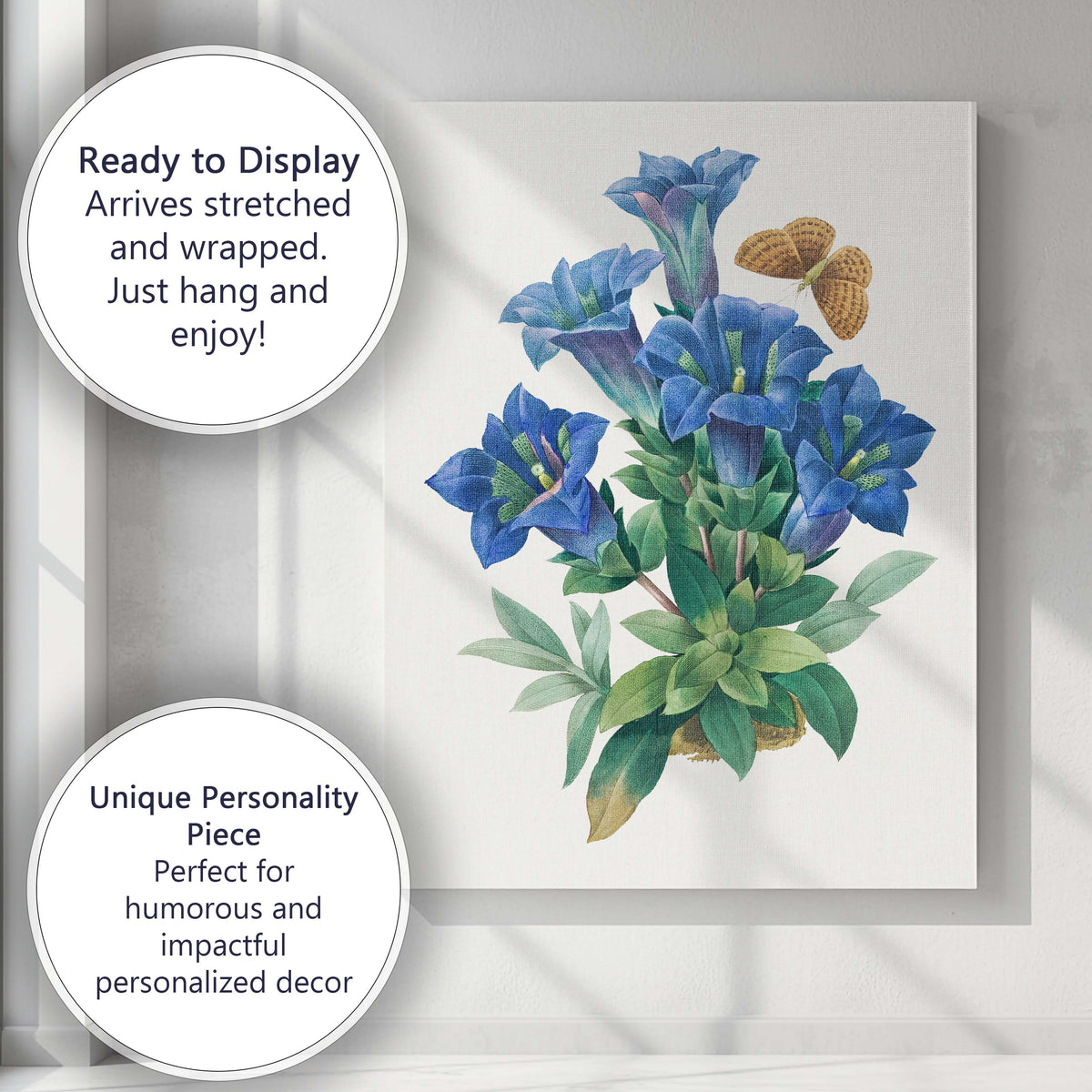 Blue Gentian Wildflower Botanical Illustration with Butterfly Canvas Wall Art Print Decor Picture Ready to Hang