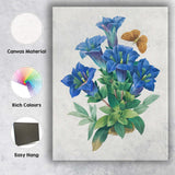 Blue Gentian Wildflower Botanical Illustration with Butterfly Canvas Wall Art Print Decor Picture Ready to Hang