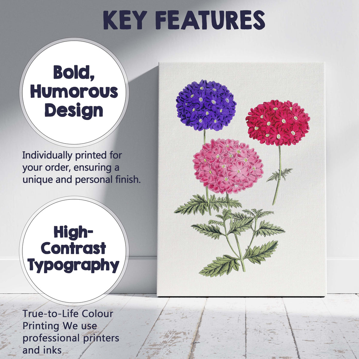 Purple and Pink Verbena Flower Botanical Illustration Canvas Wall Art Print Decor Picture Ready to Hang
