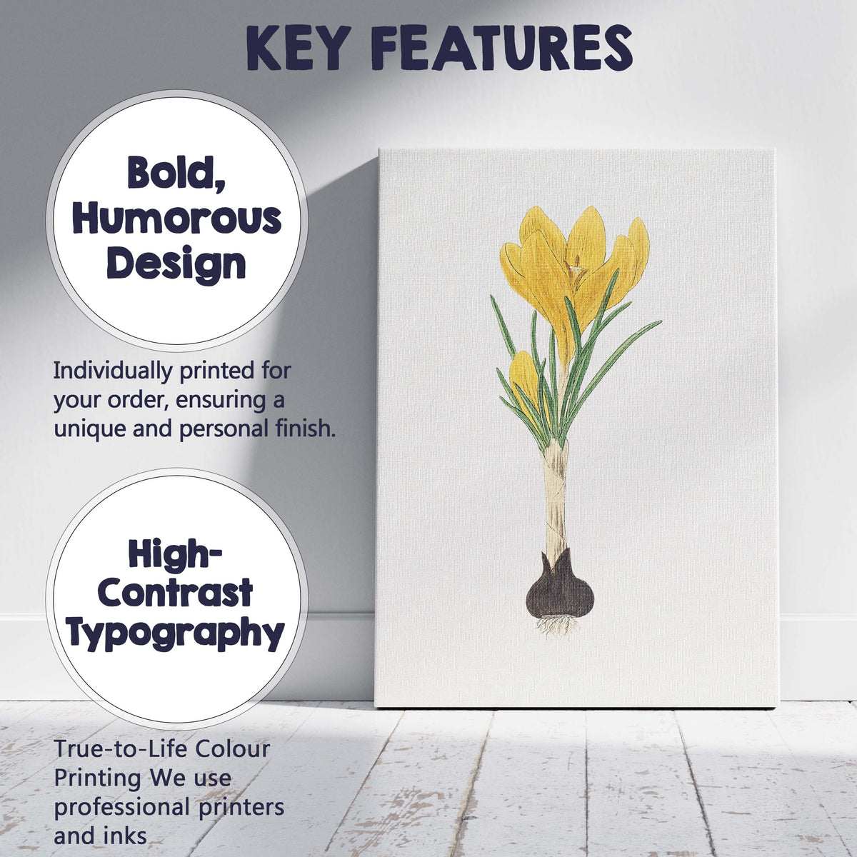 Golden Yellow Crocus Flower Bulb Botanical Illustration Canvas Wall Art Print Decor Picture Ready to Hang