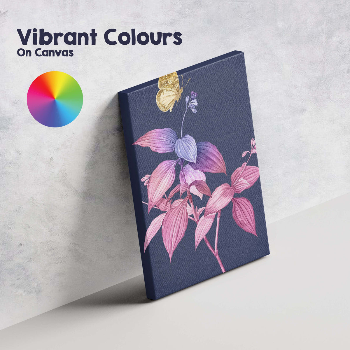 Pink and Purple Botanical Leaves with Golden Butterfly Canvas Wall Art Print Decor Picture Ready to Hang