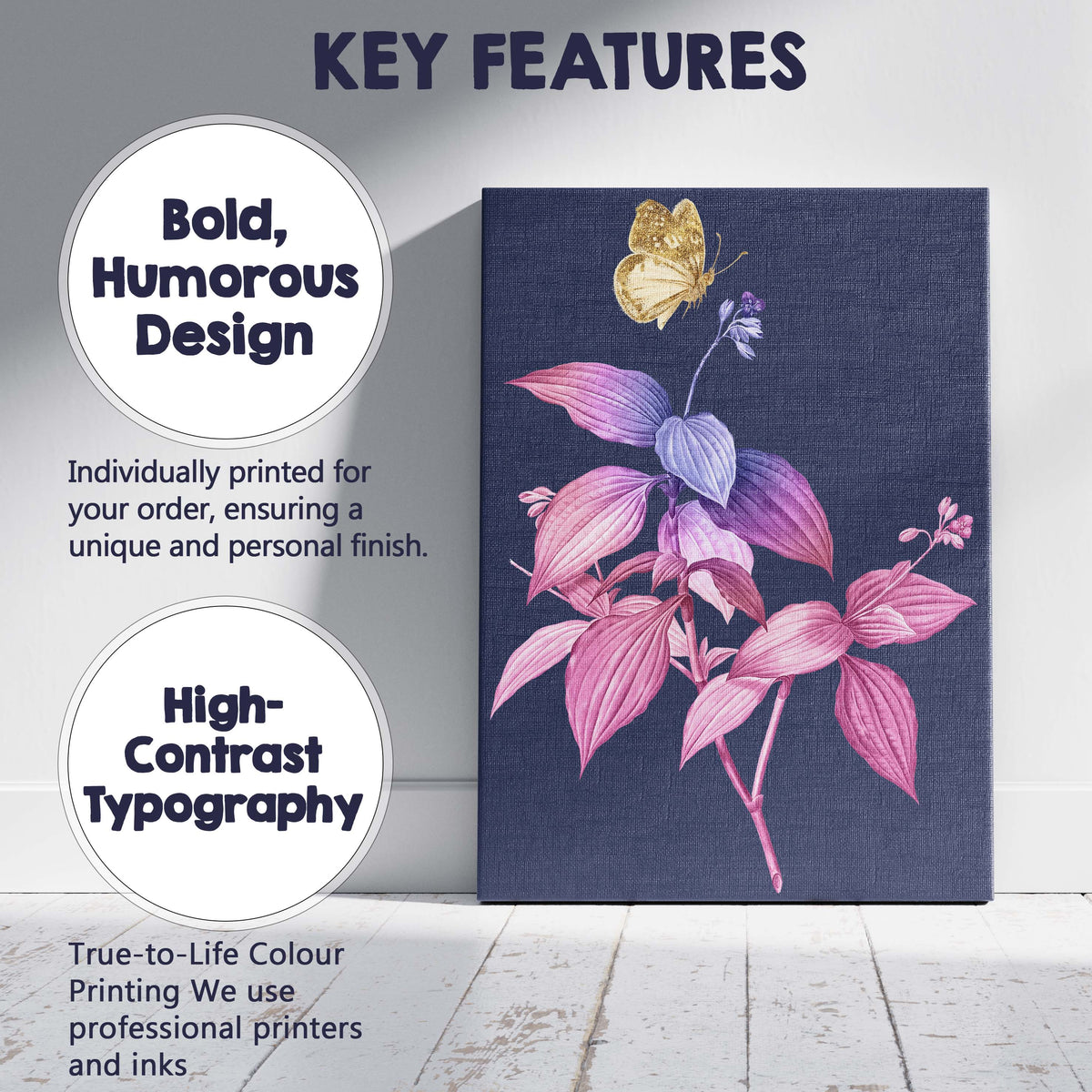 Pink and Purple Botanical Leaves with Golden Butterfly Canvas Wall Art Print Decor Picture Ready to Hang