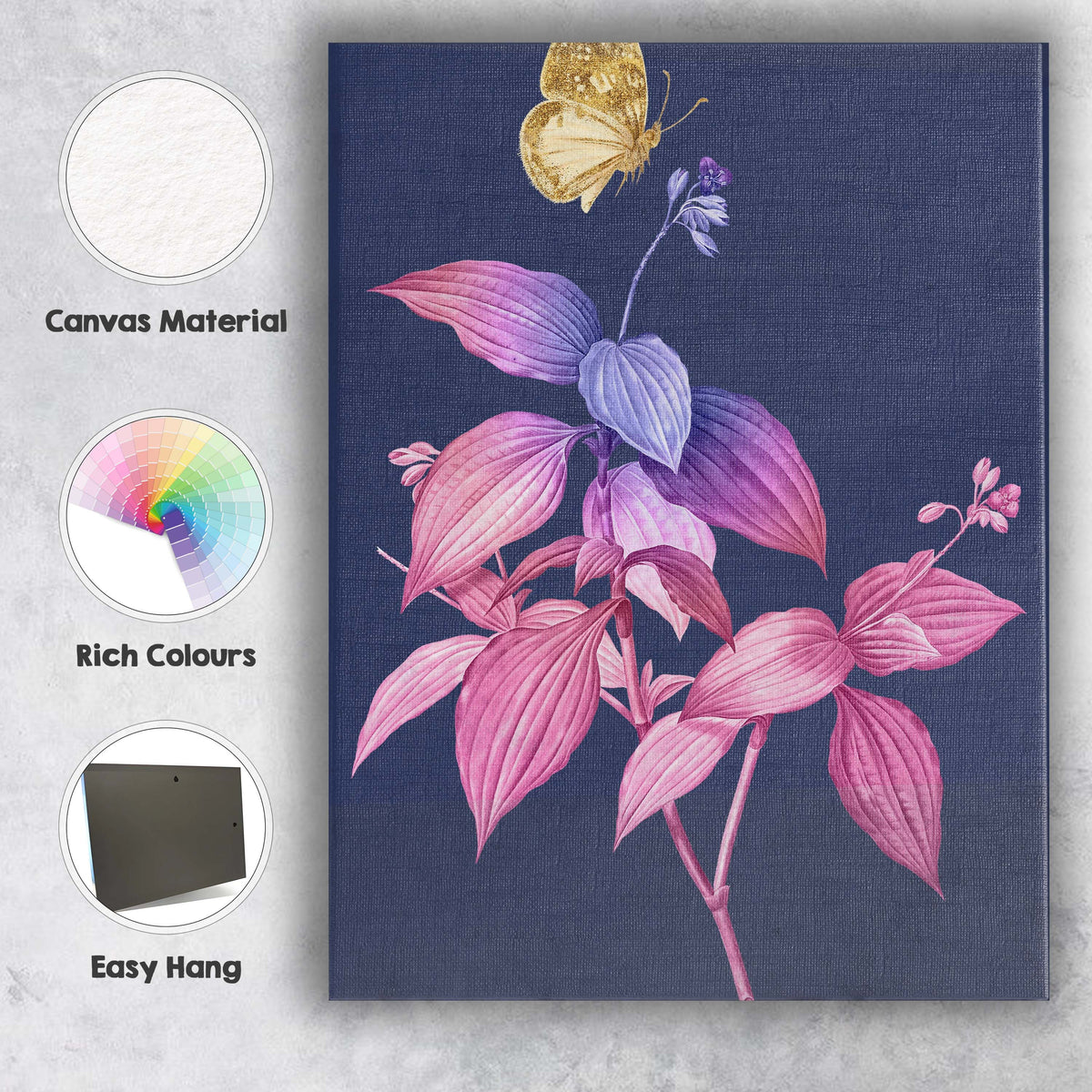 Pink and Purple Botanical Leaves with Golden Butterfly Canvas Wall Art Print Decor Picture Ready to Hang