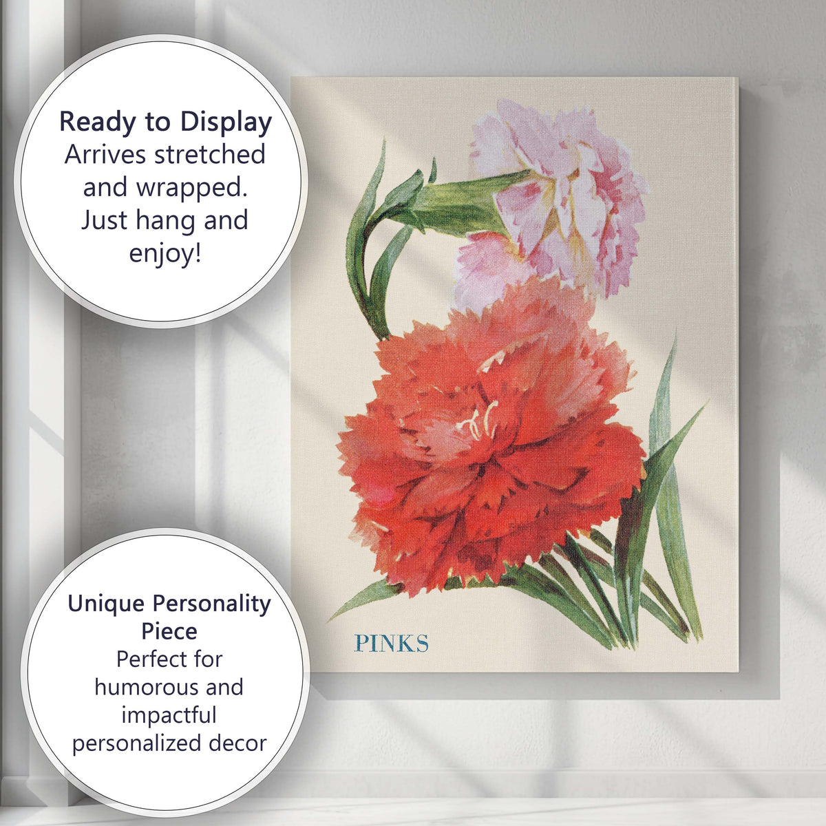 Vibrant Red and Pink Dianthus Pinks Floral Illustration Canvas Wall Art Print Decor Picture Ready to Hang