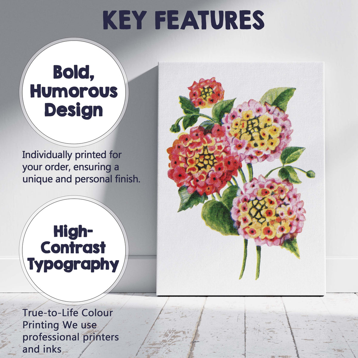 Colourful Lantana Flower Cluster Botanical Illustration Canvas Wall Art Print Decor Picture Ready to Hang