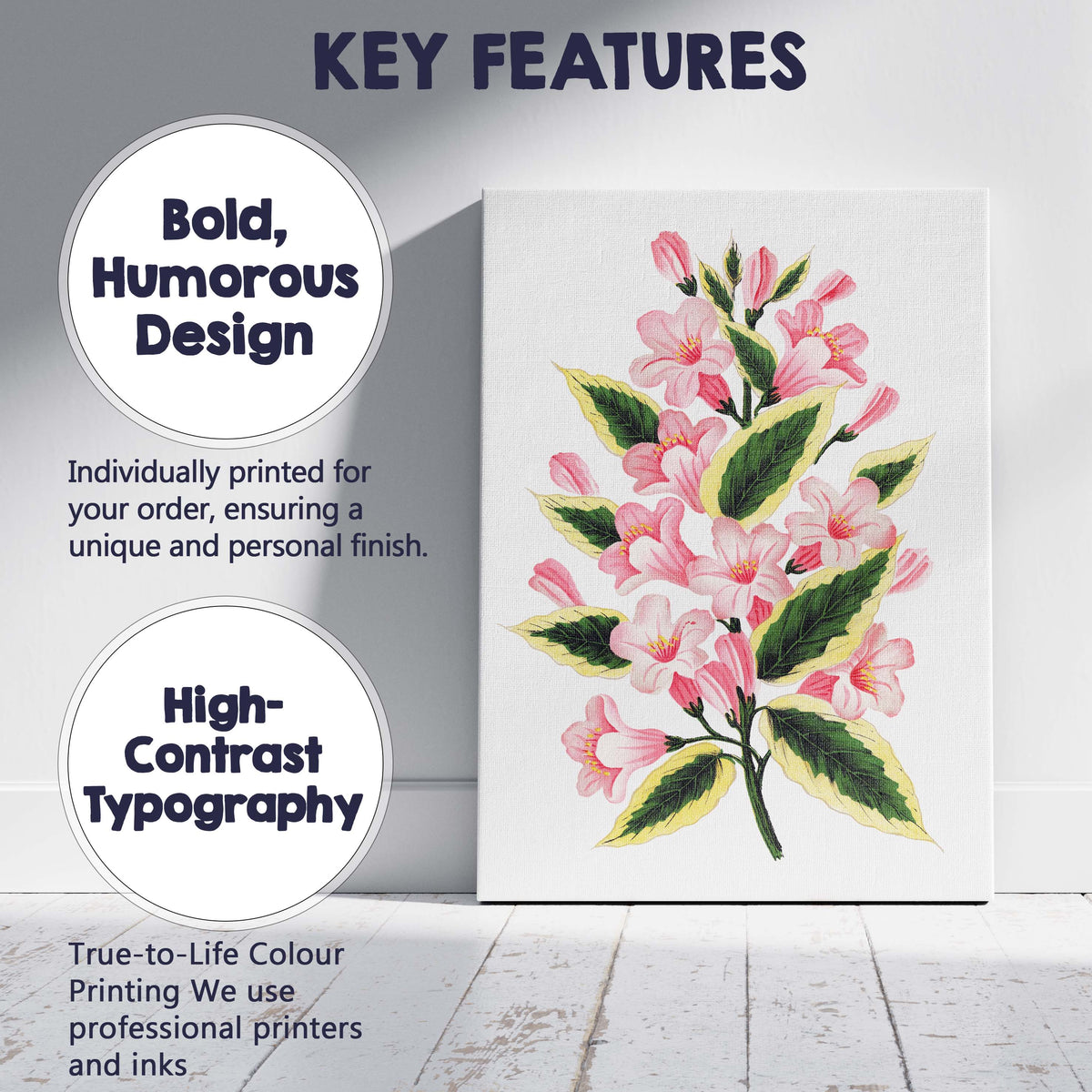 Pink Bell Flower Blossom Variegated Leaf Botanical Illustration Canvas Wall Art Print Decor Picture Ready to Hang