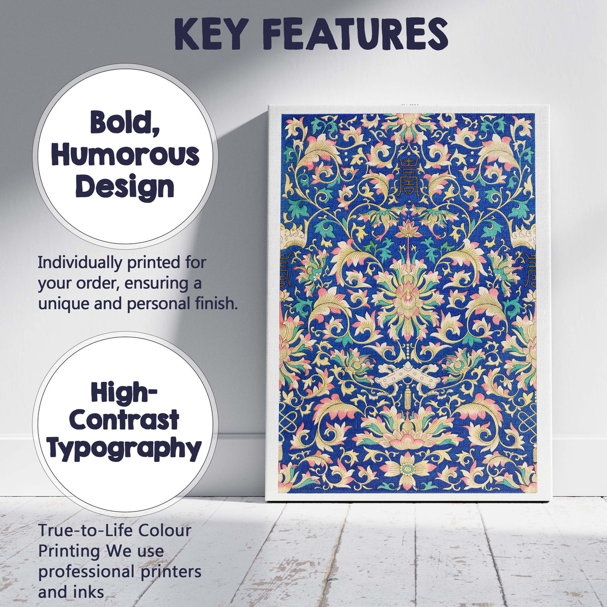 Ornate Blue and Pink Chinoiserie Floral Decorative Pattern Canvas Wall Art Print Decor Picture Ready to Hang