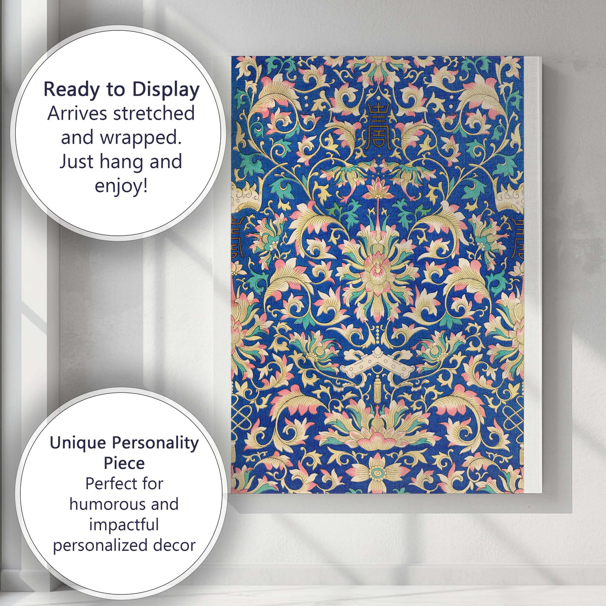 Ornate Blue and Pink Chinoiserie Floral Decorative Pattern Canvas Wall Art Print Decor Picture Ready to Hang