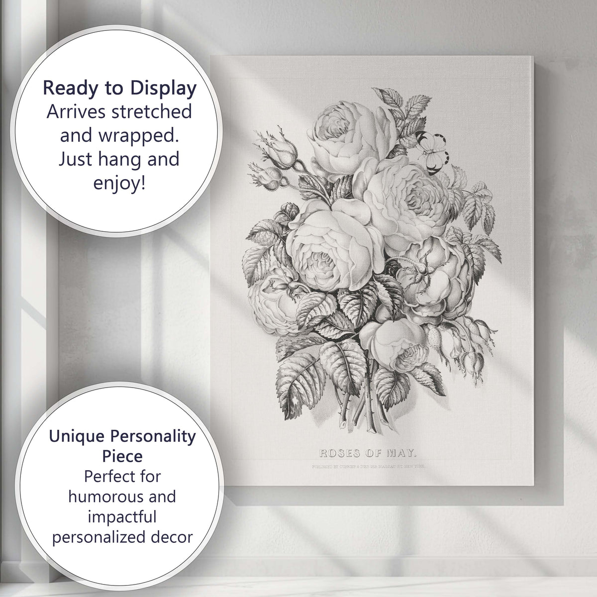 Antique Roses of May Floral Bouquet Engraving Canvas Wall Art Print Decor Picture Ready to Hang